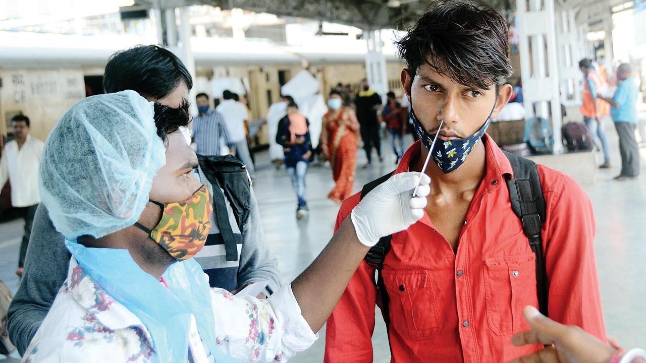 A passenger undergoes COVID-19 test at LLT, on Wednesday. Pic/Sayyed Sameer Abedi