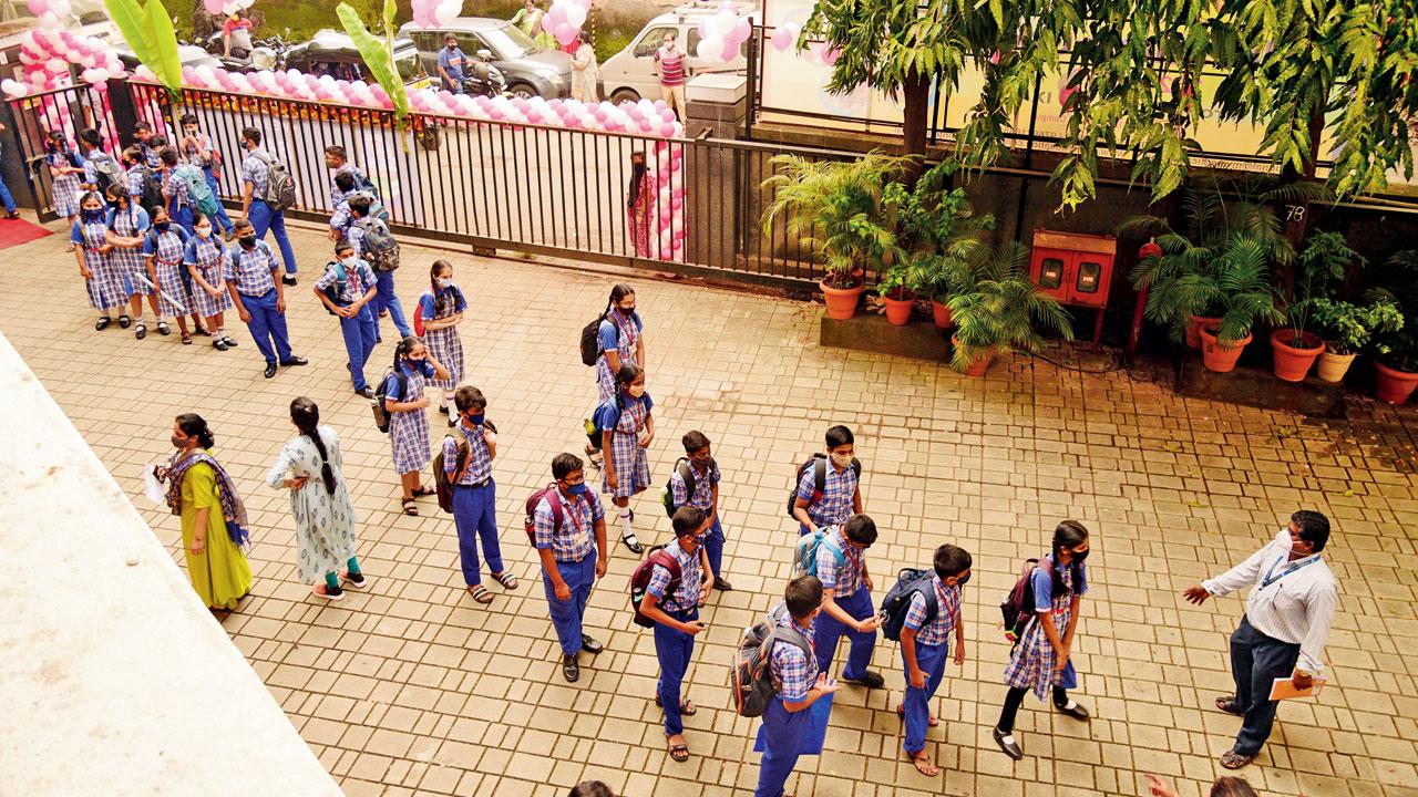 Students at MVM School in Andheri on October 4. Pic/Pradeep Dhivar