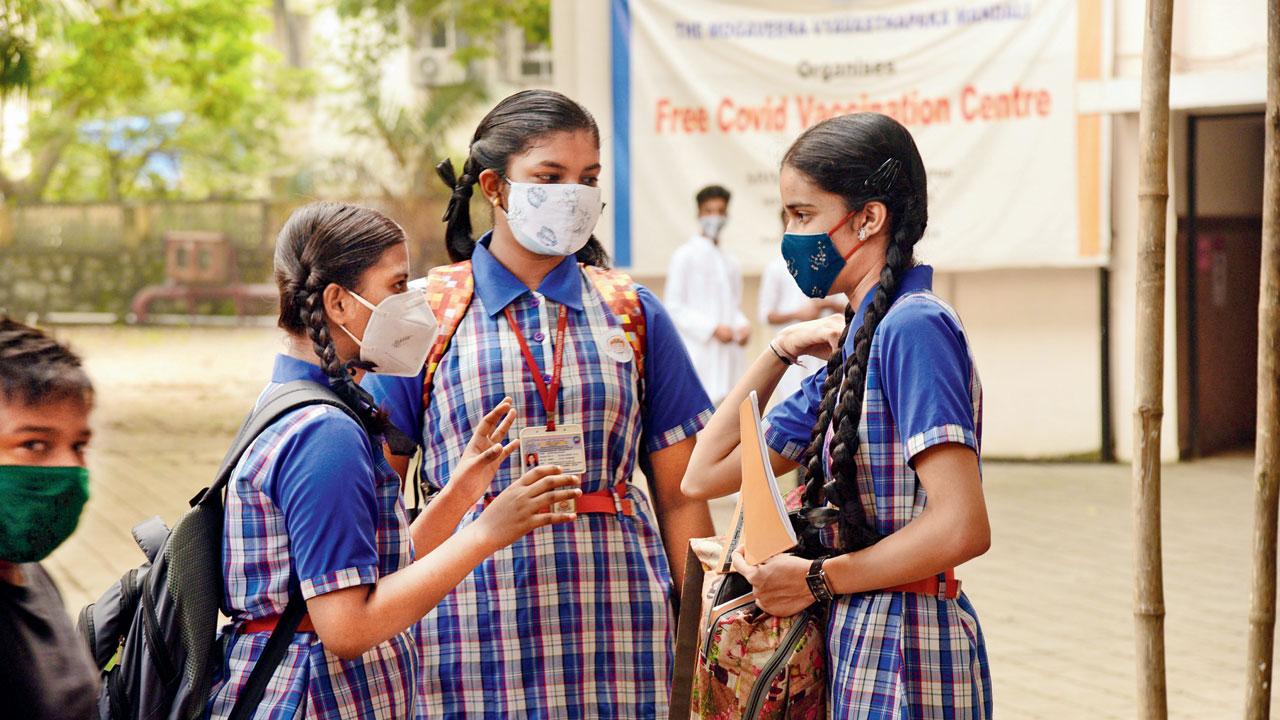 Students of MVM School in Andheri interact at the institute’s premises in October this year. File pic