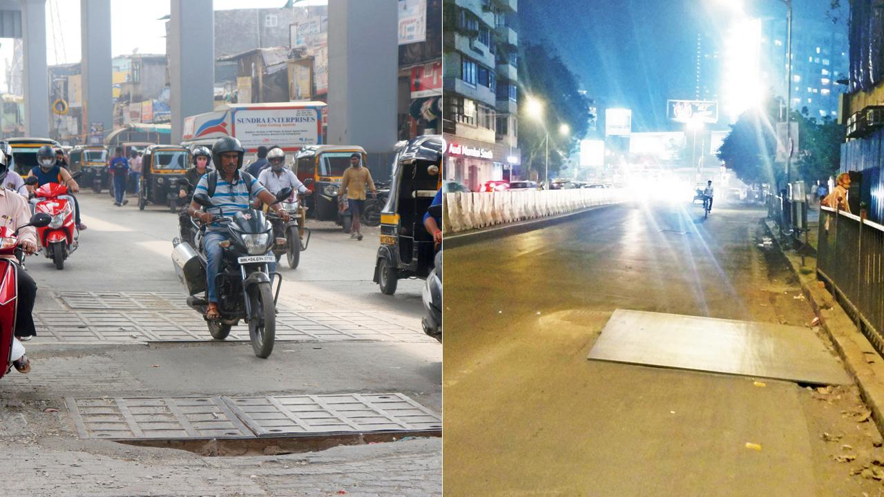 Manhole covers, placed on the road at Kandivli West, are seen on Monday. Pic/Anurag Ahire; (right) an iron sheet has been placed on a patch of road before Haji Ali Junction