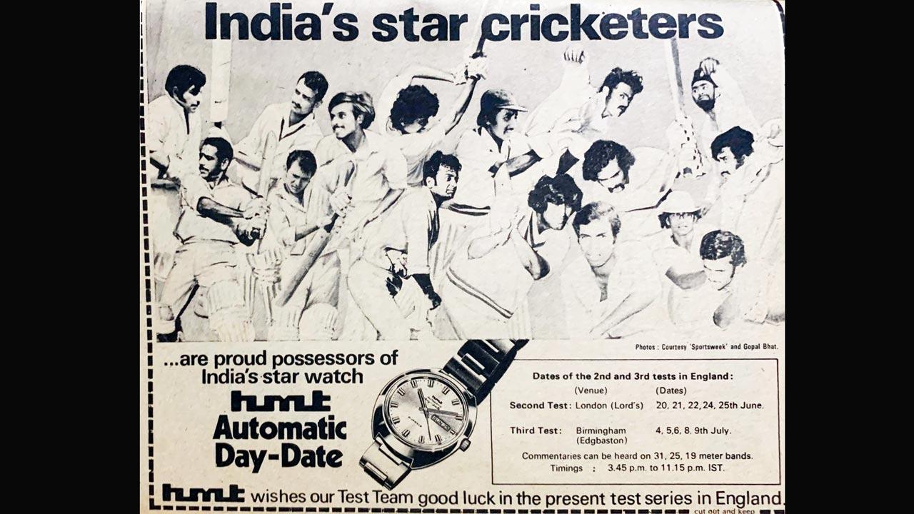 An advertisement featuring HMT watches and India cricketers who toured England in 1974. Pic/Clayton Murzello’ magazine collection