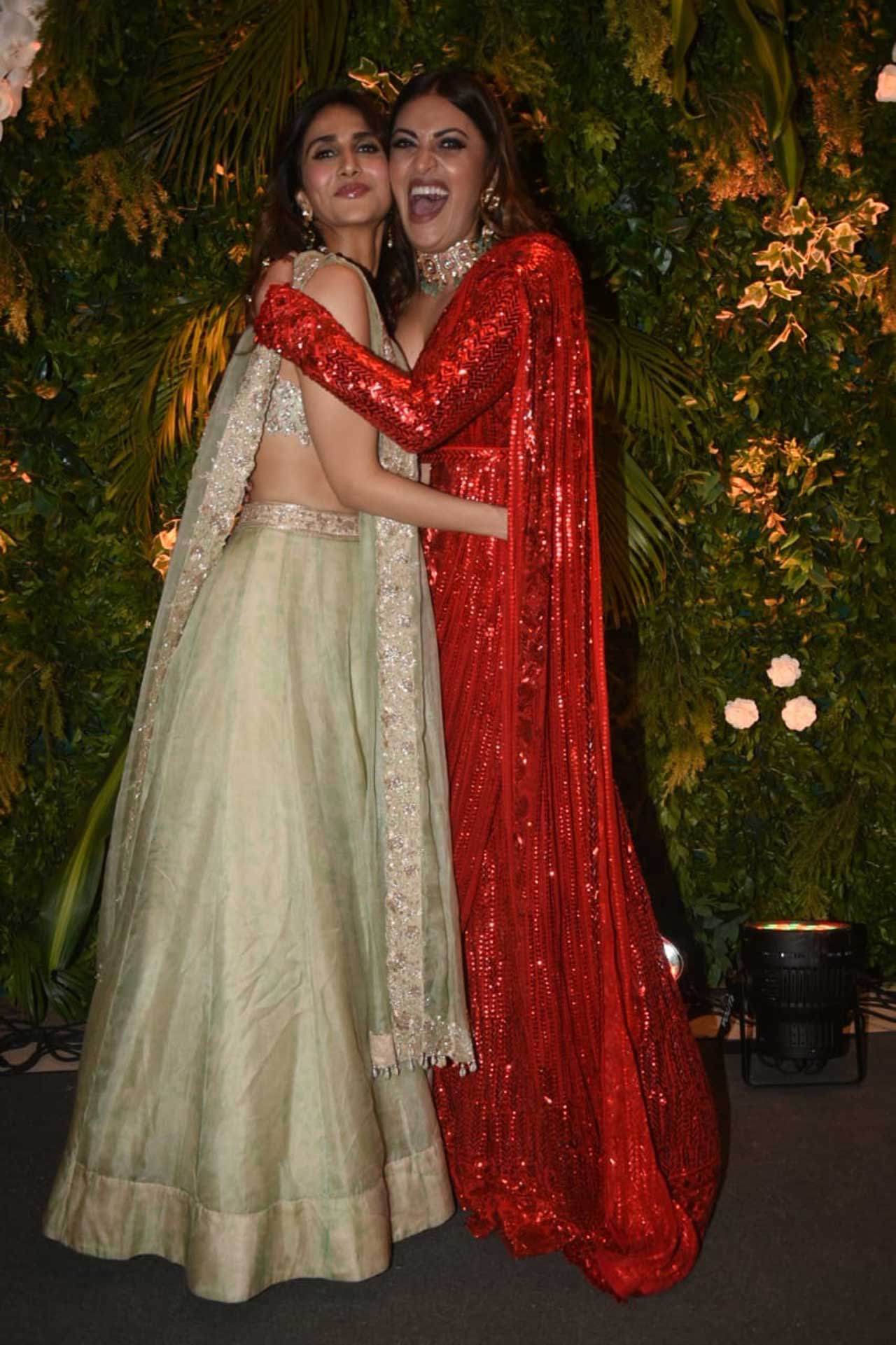 Vaani Kapoor clicked quite a few pictures with the bride-to-be. Here's one such candid moment where Vaani hugs an excited Anushka Ranjan.