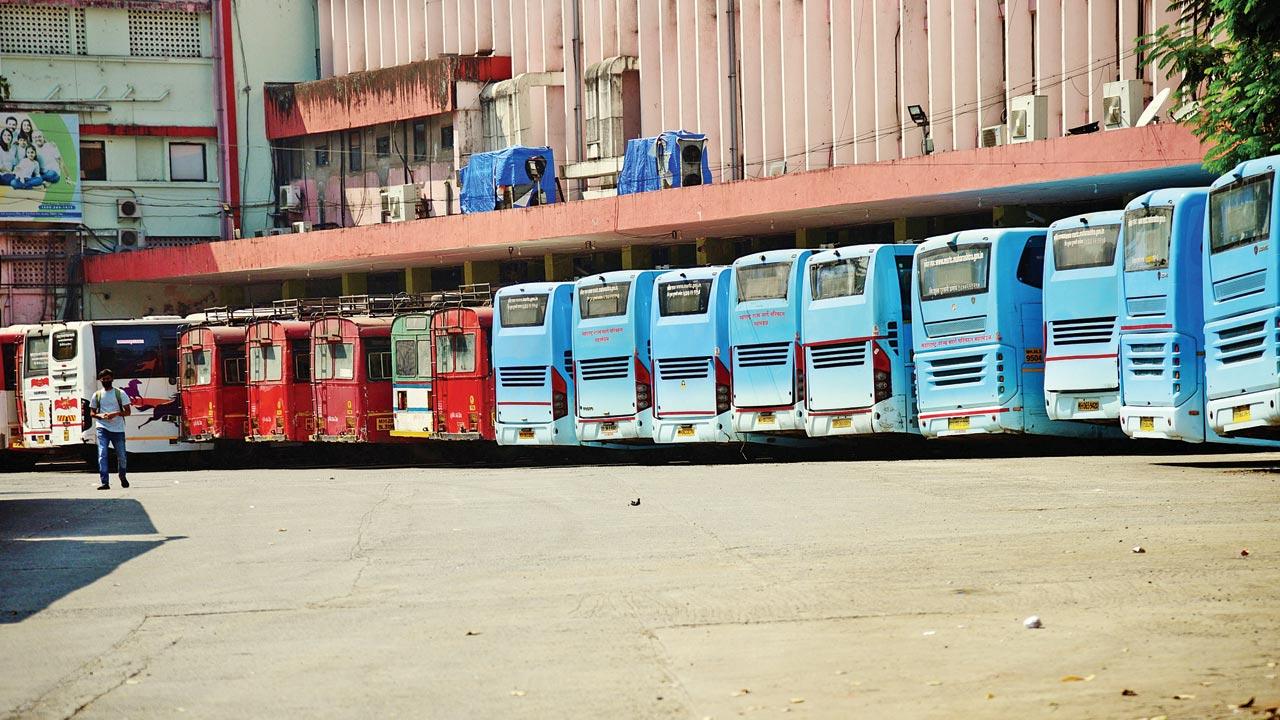 MSRTC buses parked at the Parel ST depot on Friday. Pic/Pradeep Dhivar