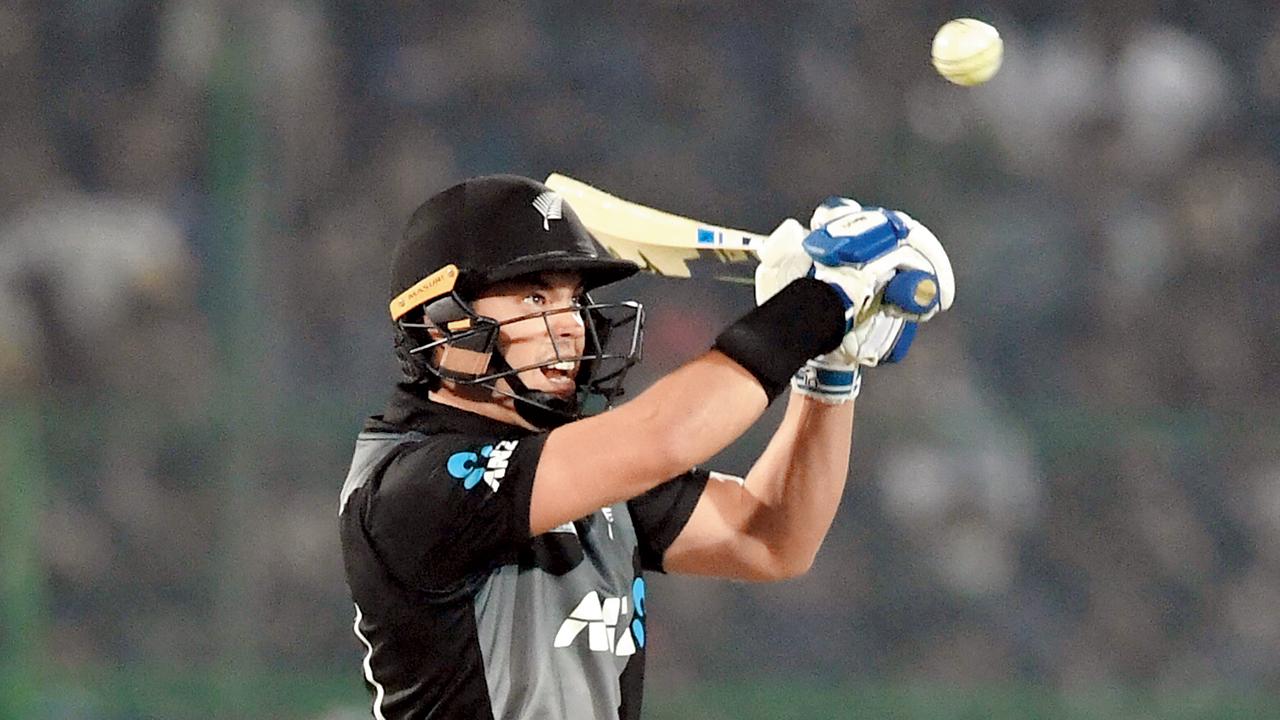 New Zealand’s Mark Chapman during his innings of 63 yesterday. Pic/AFP