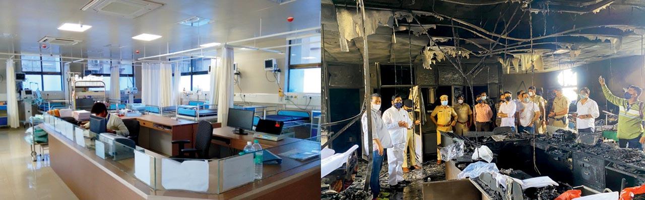 The charred 17-bed COVID ICU ward at Vijay Vallabh Hospital in Virar, before and after the fire. A suspected short circuit occurred in a faulty AC unit. Pic/Hanif Patel