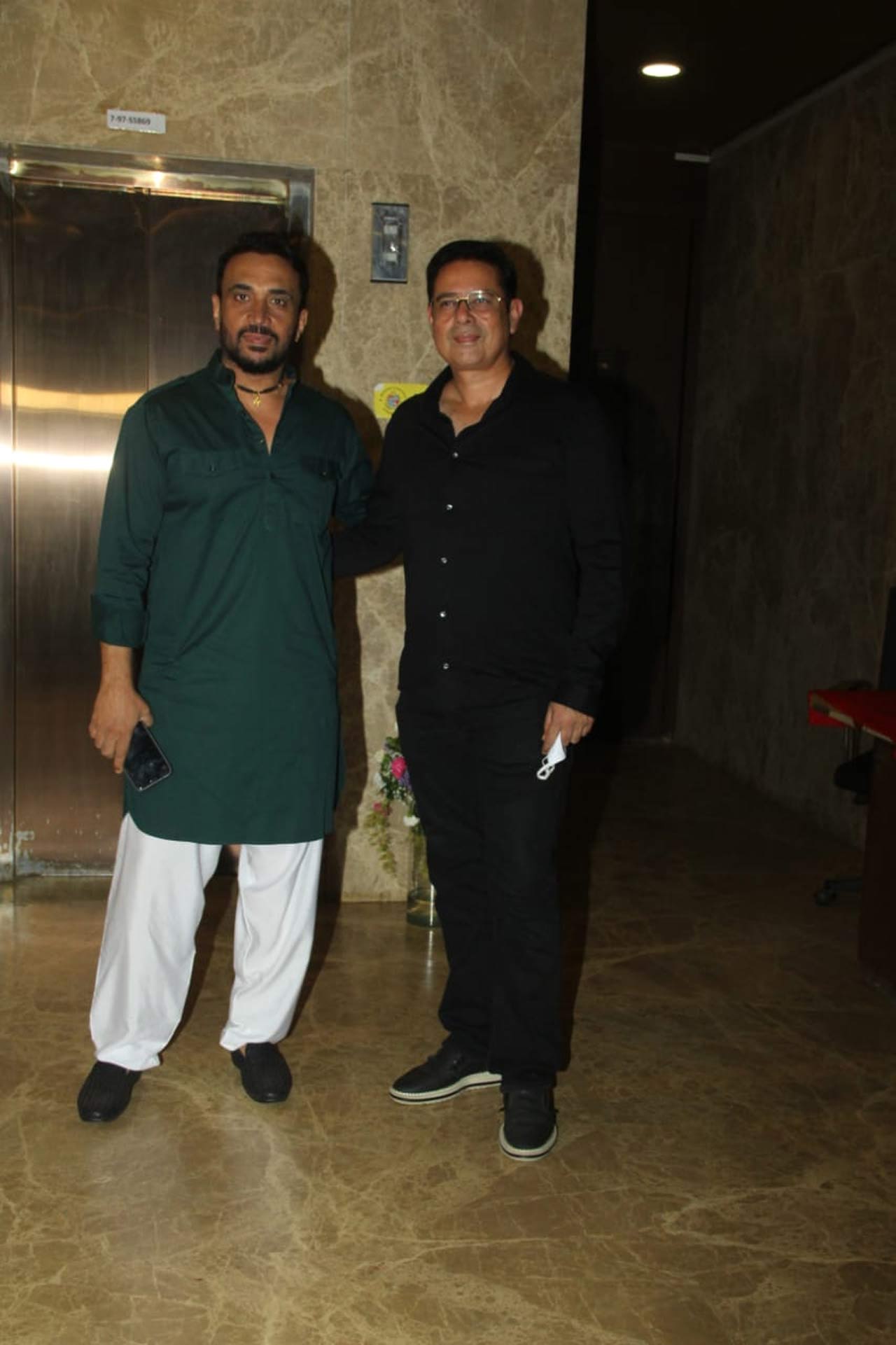 Salman Khan's brother-in-law Atul Agnihotri posed with their bodyguard Shera as they attended Ramesh Taurani's Diwali party hosted at the producer's residence.