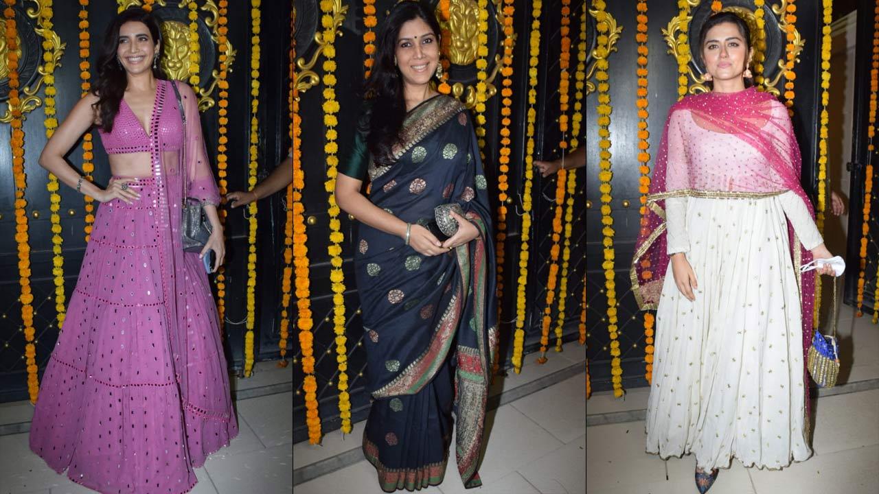 Karishma Tanna was all smiles as she attended the Diwali party in a pretty pink lehenga. Sakshi Tanwar, who rose to fame with her stint in Ekta Kapoor's show 'Kahaani Ghar Ghar Kii', was also a part of the celebration. Ridhi Dogra, who is BFFs with Ekta, opted for a white Anarkali suit for the party.