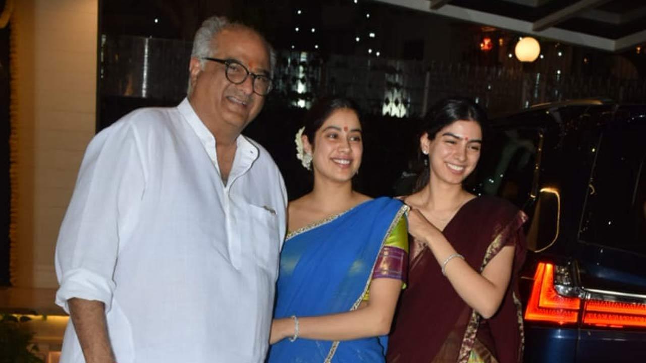 Picture perfect! Boney Kapoor, Janhvi Kapoor, Khushi pose happily at Diwali Puja
