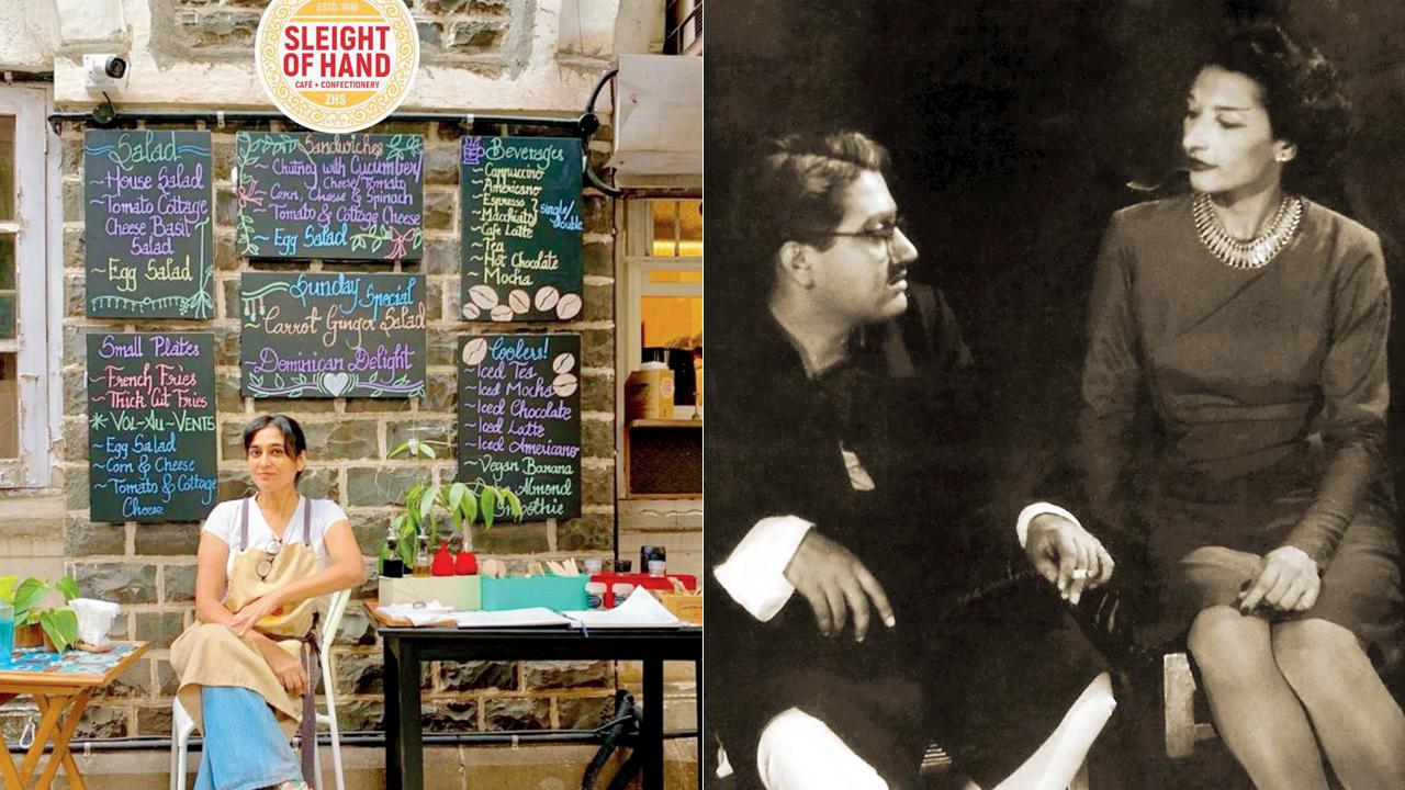 Aadore Sayani at her cafe, Sleight of Hand, acknowledging her grandfather’s felicity with tricks. Pic/Noshir Gobhai; (right) Cast with Naju Wadia in the play Music at Night. Pic courtesy/Alkazi Theatre Archives