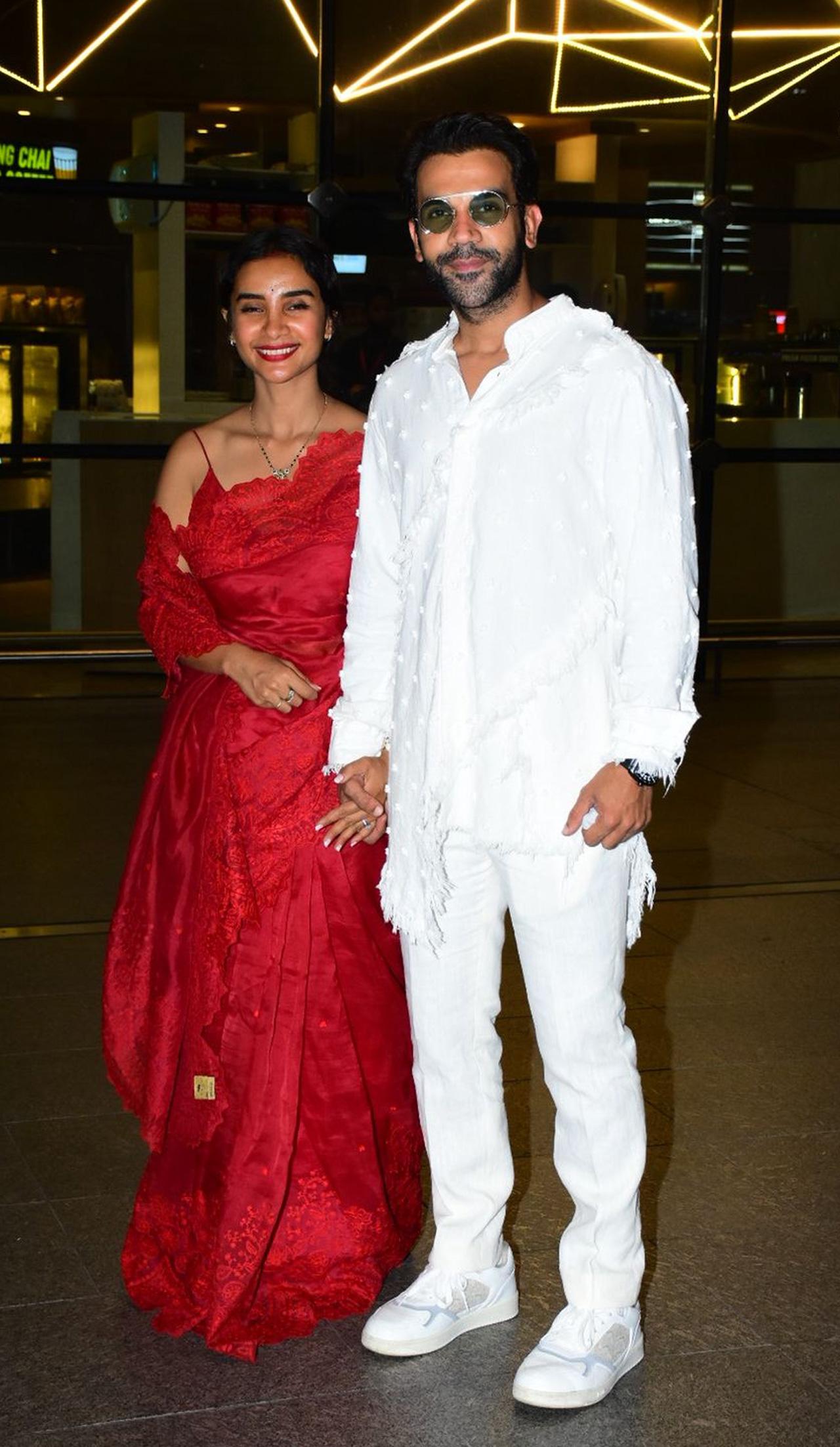 Rajkummar Rao and Patralekhaa tied the knot in Chandigarh on November 15 and were now spotted at the Mumbai Airport. The groom donned a casual white attire whereas the bride opted for a red tradional outfit. 