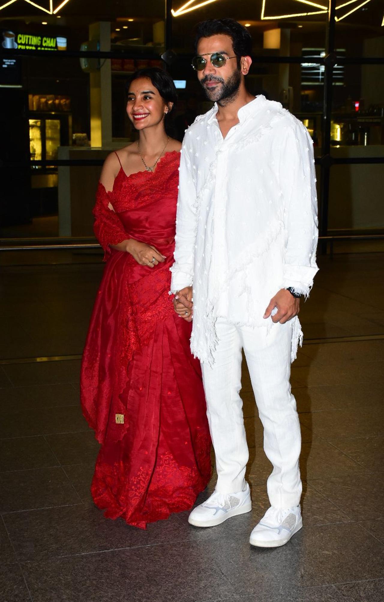 They both wore ace designer Sabyasachi’s outfit and looked dreamy at their wedding. Patralekhaa, being a Bengali, chose to go with a fusion-Bengali bride look featuring an alluring red lehenga and ornate gold jewelry to complete her attire. Rajkummar Rao donned a cream-coloured Sherwani. 