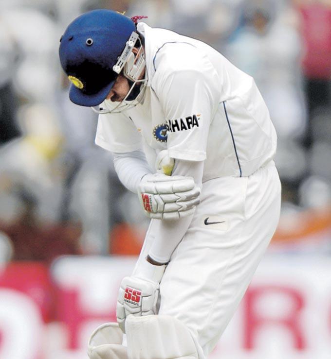 TRIVIA: VVS Laxman is also one of the few cricketers to play over 100 Tests without ever playing at the ICC Cricket World Cup. In picture: VVS Laxman is hit on his elbow by a Shoaib Akhtar delivery during the third Test between India and Pakistan at Bangalore in 2007. Pic/Suresh KK