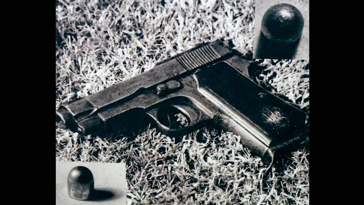 The hand gun used in the assassination of Mohandas Karamchand Gandhi (1869 - 1948), in 1948. A senior bureaucrat had told Appu Esthose Suresh that the gun had come from the Alwar armoury