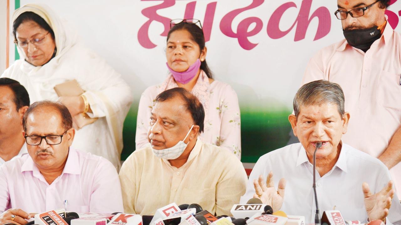 Punjab Congress in-charge Harish Rawat addresses a press conference at the Congress Headquarters in Dehradun, on Friday. Pic/PTI