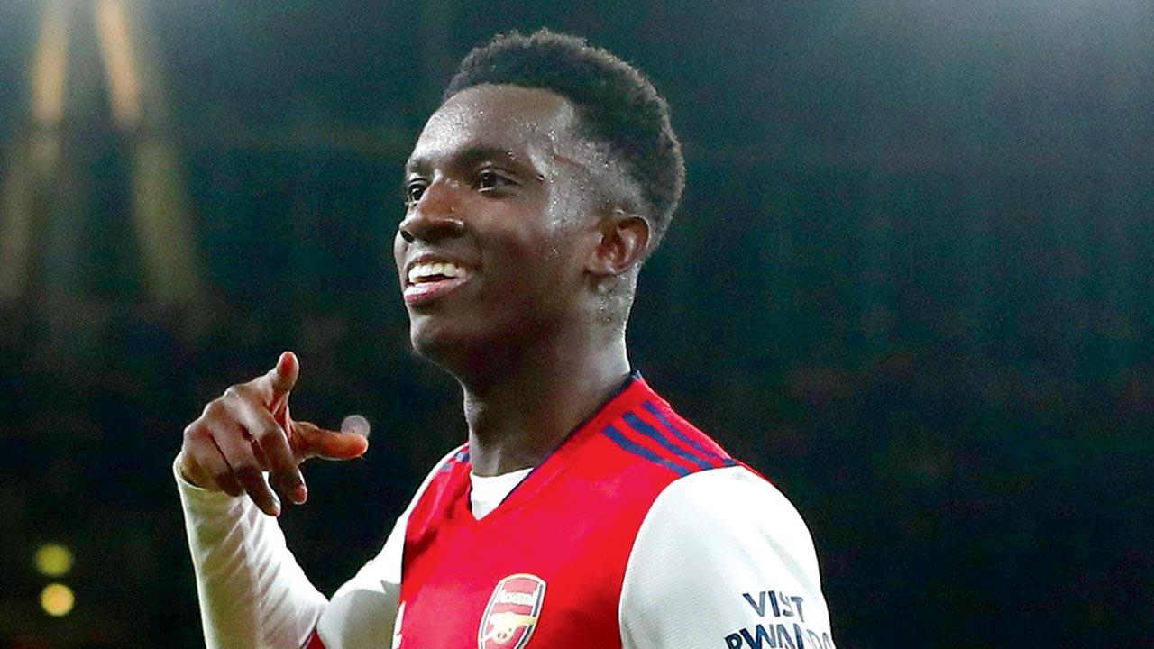 Arsenal’s Eddie Nketiah after his goal against Leeds on Tuesday