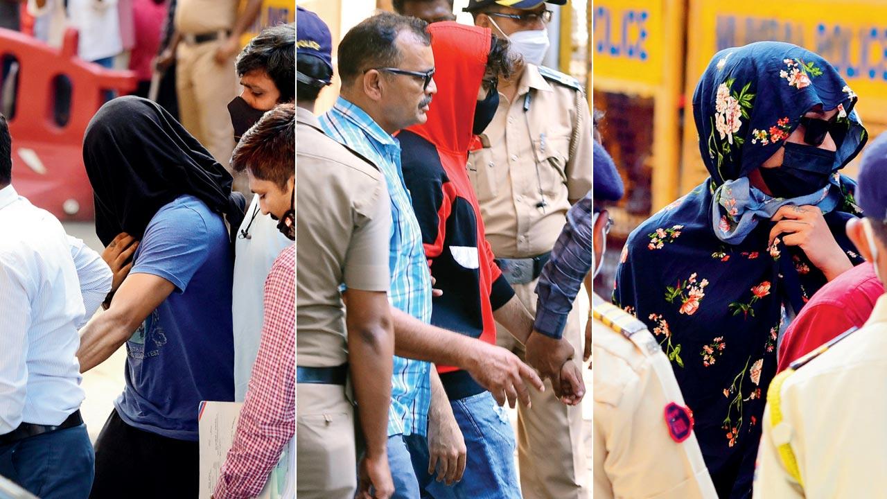 A drug peddler being escorted by officers to NCB office on Sunday; Arbaaz Merchant in the custody of the anti-drug agency; Munmun Dhamecha was among the 8 people involved in the high-profile party. Pics/Shadab Khan