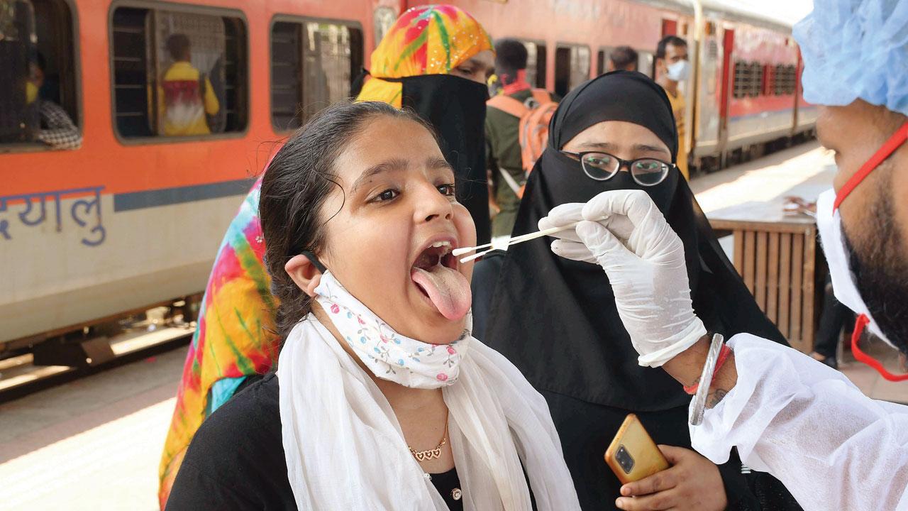 A passenger is tested at the Dadar station on Monday. PIC/Ashish Raje