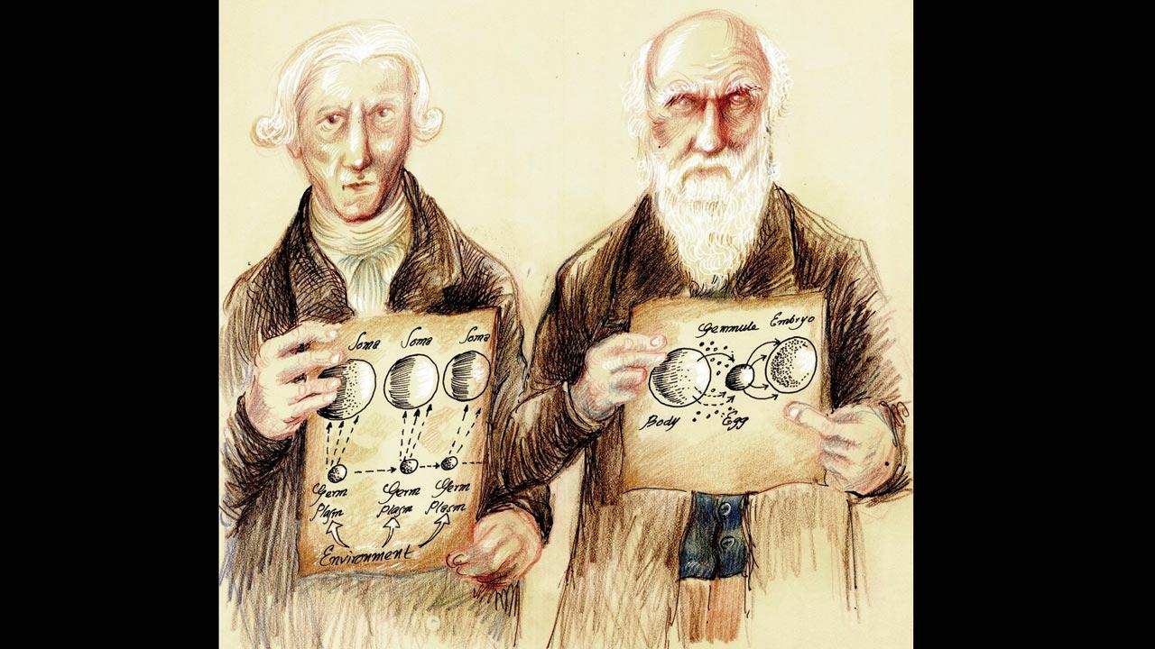 (From left) An artwork by Argha Manna of Jean-Baptiste Lamarck explaining his theory of the role of environment on embryo development, and Charles Darwin explaining his theory of pangenesis
