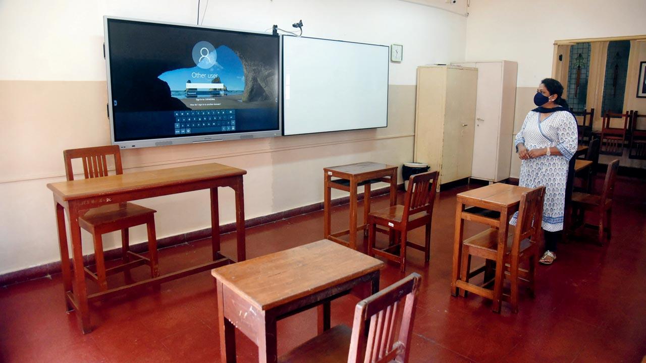 The Cathedral & John Connon School in Fort which opens to students on Monday after over a year, will hold a hybrid model of teaching, with the teacher instructing a few children in class, While guiding the rest at home via a video accessible on a large screen.