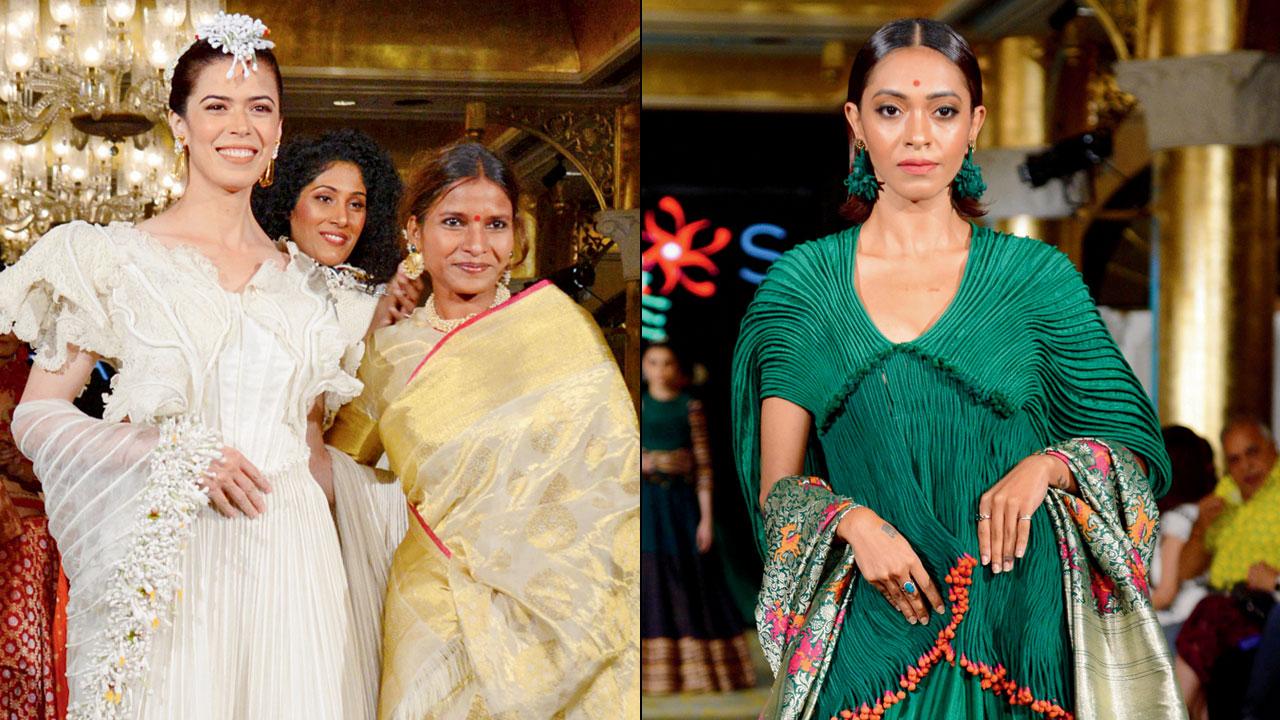 Theatre veteran Dolly Thakore (extreme right) cheers as designer Vaishali S (in gold saree) takes a bow post the  Shakuntala showcase at a city hotel