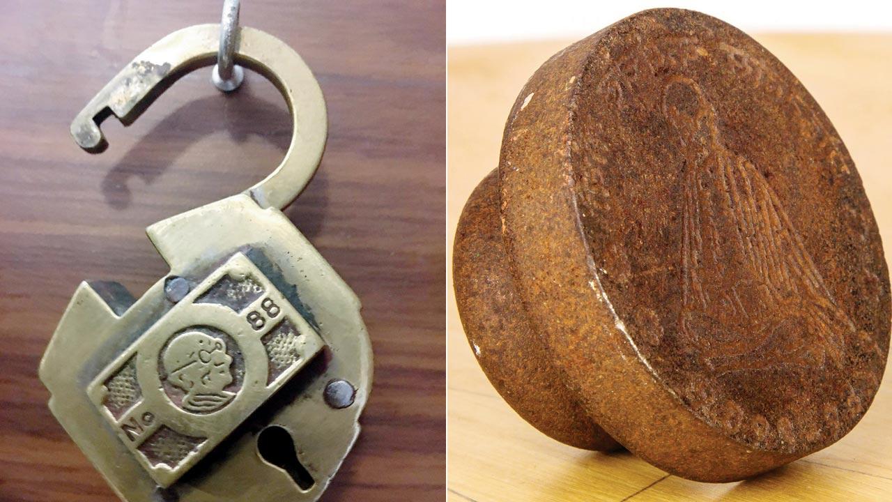 A photograph of a lock, which has Gandhi’s face embossed on it; (right) Another picture that Kerkar owns is that of a weight with Gandhi’s etching on it. This is symbolic of Gandhi’s teachings. He believed that every word should be weighed before it is uttered, says the veteran painter. “So though, he may have been inconsistent in thought, he never denied his statements”