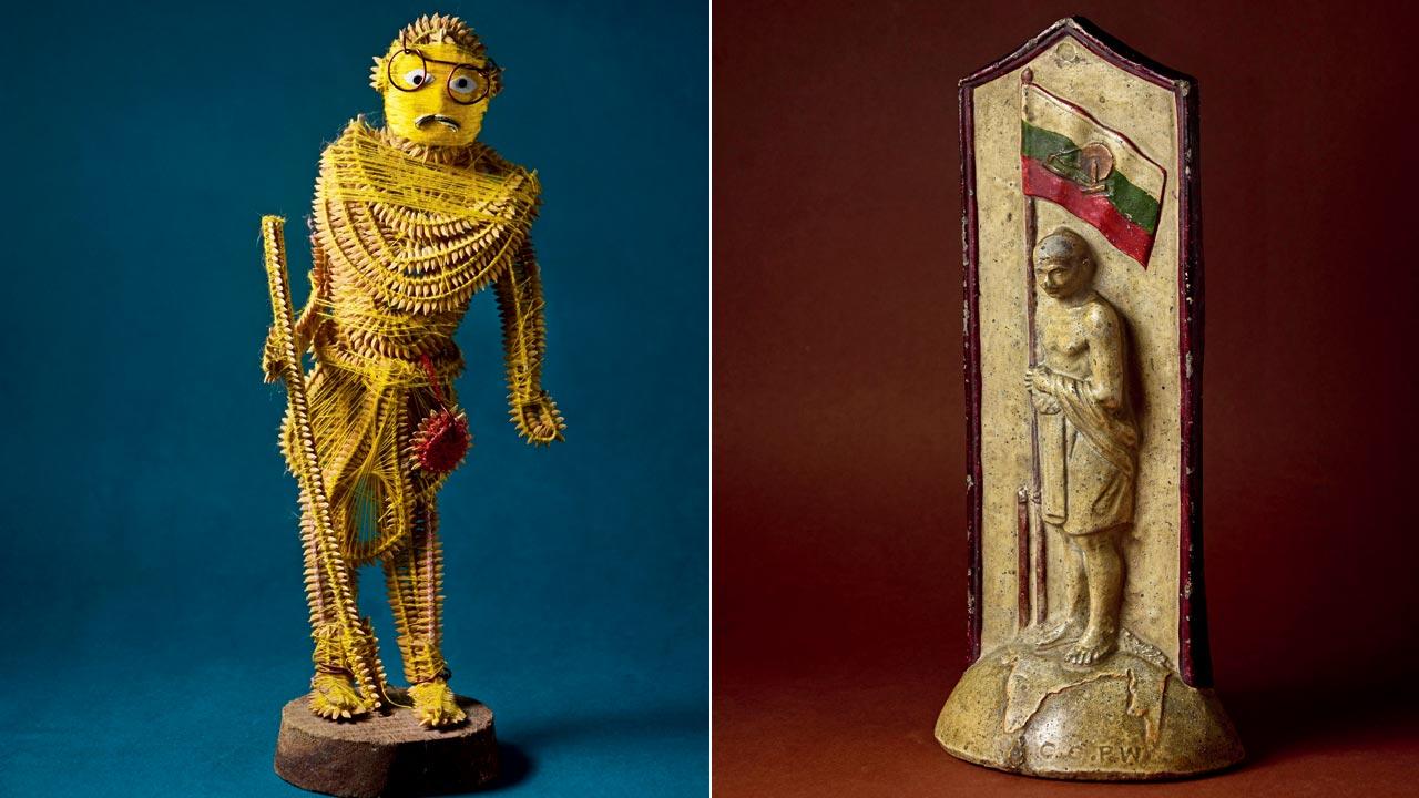 A Gandhi made of Bamboo filament, grain and sewing thread by Harekrushna Nayak from Kotpad, Orissa. Pics courtesy/Chirodeep Chaudhuri; (right) An undated pre-independence vintage that Chaudhuri’s aunt lent him for his collection. The clue is in the flag (Indian National Congress) and the map on the globe of an undivided India