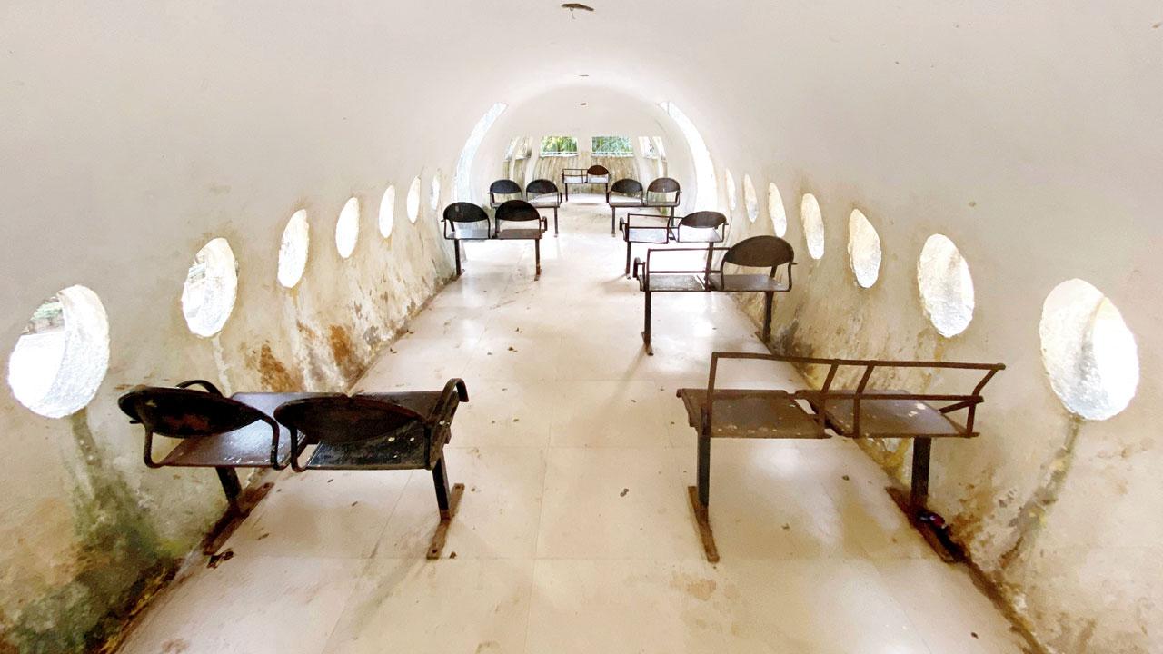 Many metallic chairs inside the plane have corroded 