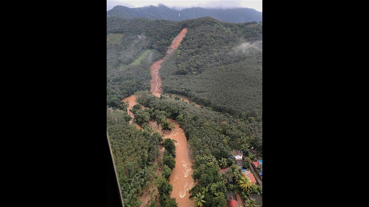 Aerial view of the landslide-affected area of Koottikkal in Kottayam district. Pic/PTI
