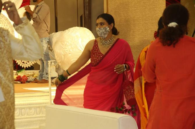 Kajol was all masked up when she arrived at the pandal for Durga Puja celebrations. The actress has been a regular attendee for Durga Puja since many years at this Mumbai pandal.