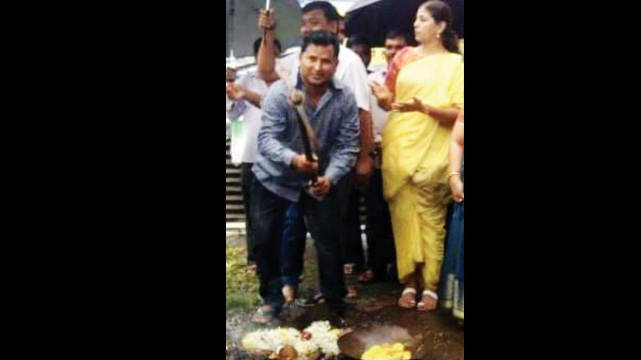 A photo of the bhoomipujan of the overbridge in 2017 tweeted by Jitendra Awhad