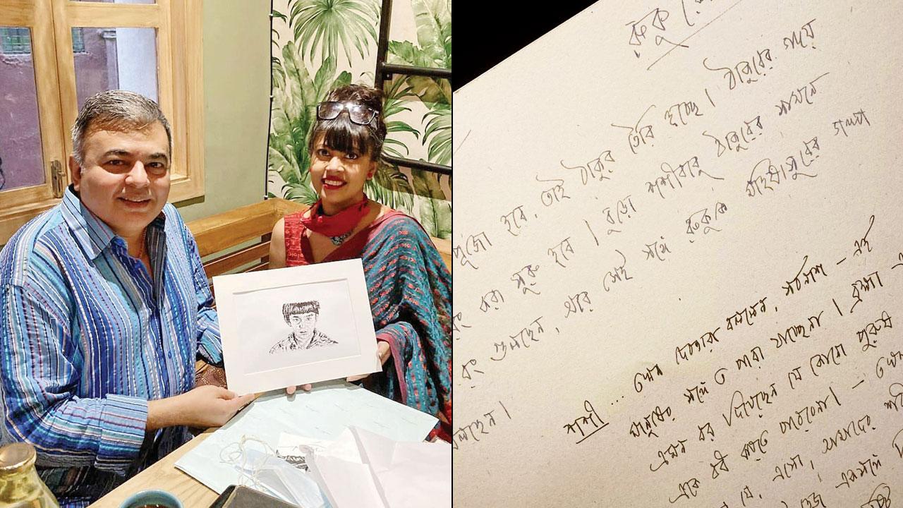 Karishma Siddiqui Roy presenting Ruku’s sketch to Jit Bose (right) The script in Satyajit Ray’s handwriting