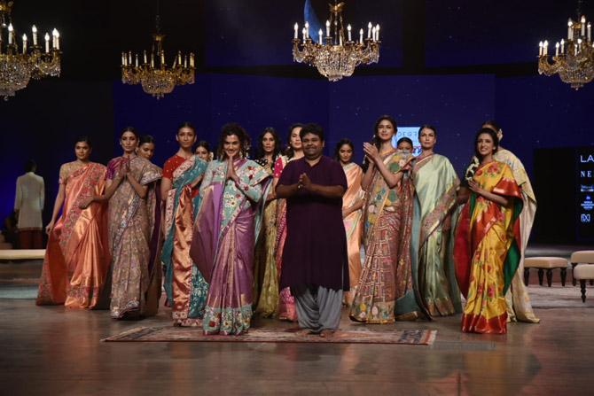 Taapsee Pannu turned showstopper for designer Gaurang Shah in a beautiful lavender sari. Shah showcased his new collection 'Chaand' that consisted of 40 lovely, sustainable saris.