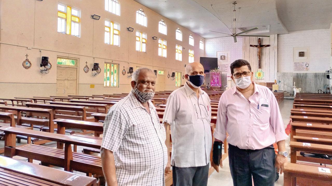 Oswal Rodrigues, 68, supervisor at the St Michael’s Church with Francis Menezes and Albert Ralf, volunteers