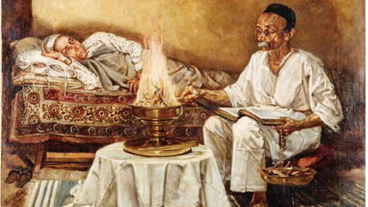 Praying for the sick by artist Pestonji Bomanji Mistri (1852-1938 CE)