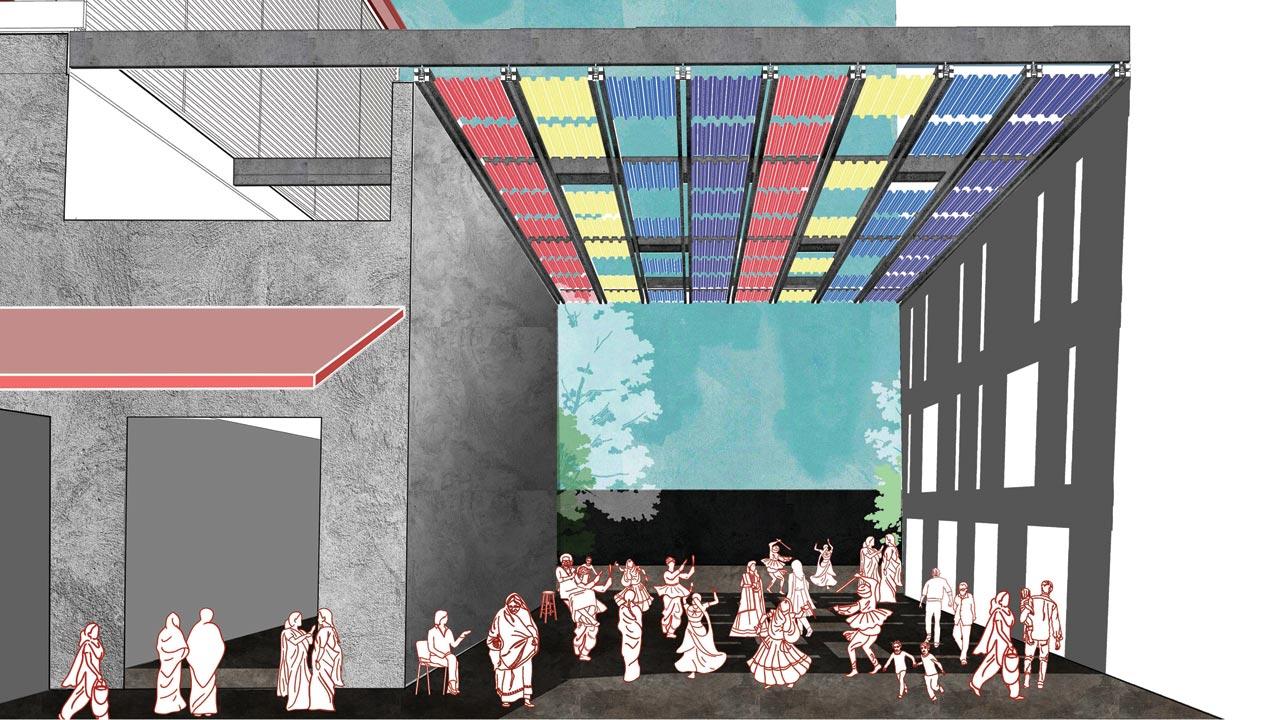 A sketch of the pavilion of impermanence. Kadam proposes that the flexible design allows the space to change  as per different festivals