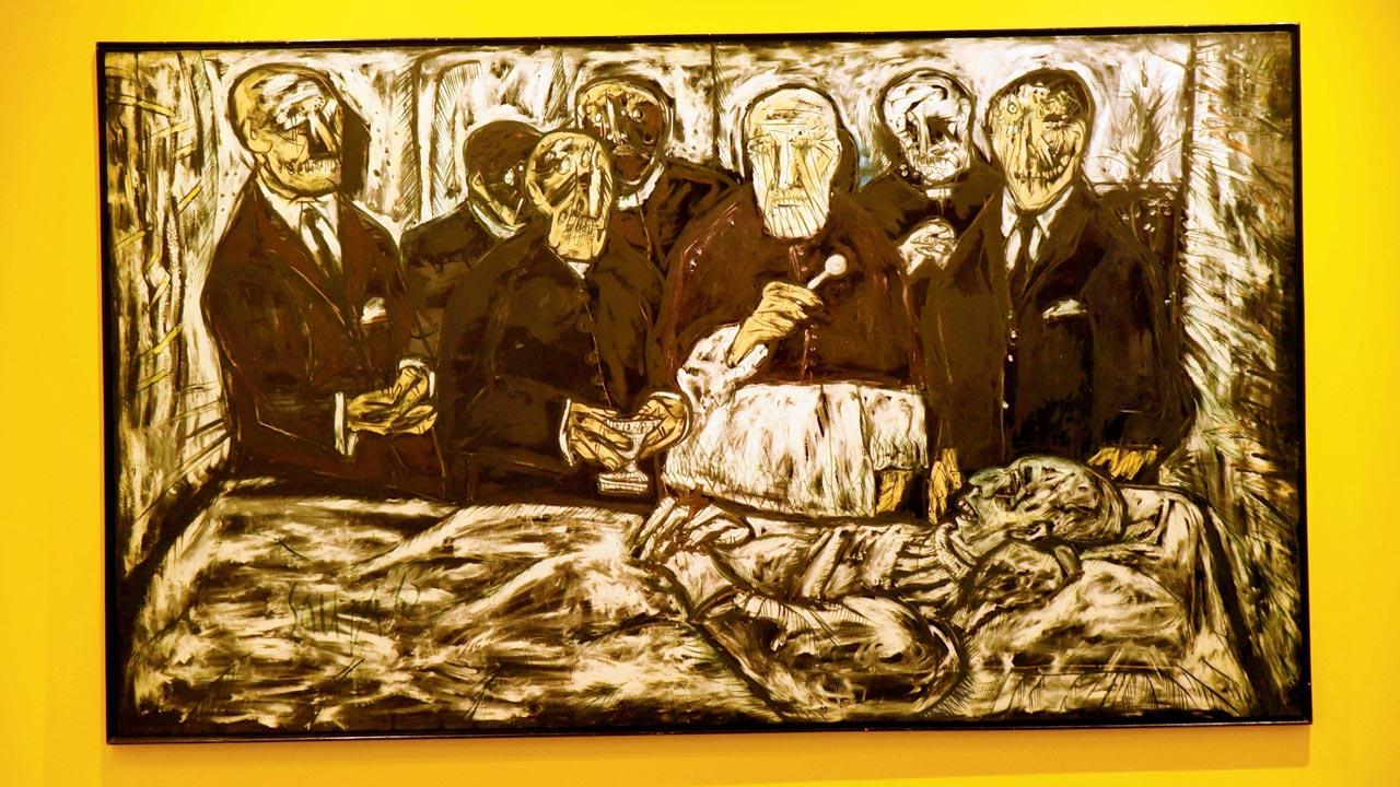 Francis Newton Souza’s Death of a Pope (oil on canvas, 1962) is based on a black and white photograph of the deceased Pope Pius XII lying in state at St Peter’s Basilica, Vatican, on October 11, 1958, surrounded by his collegium of ecclesiastical mourners. In Souza’s painting, the men surrounding the Pope are shown as scarred and monstrous figures. Several of them are distorted to resemble Hitler. Pics/Suresh Karkera