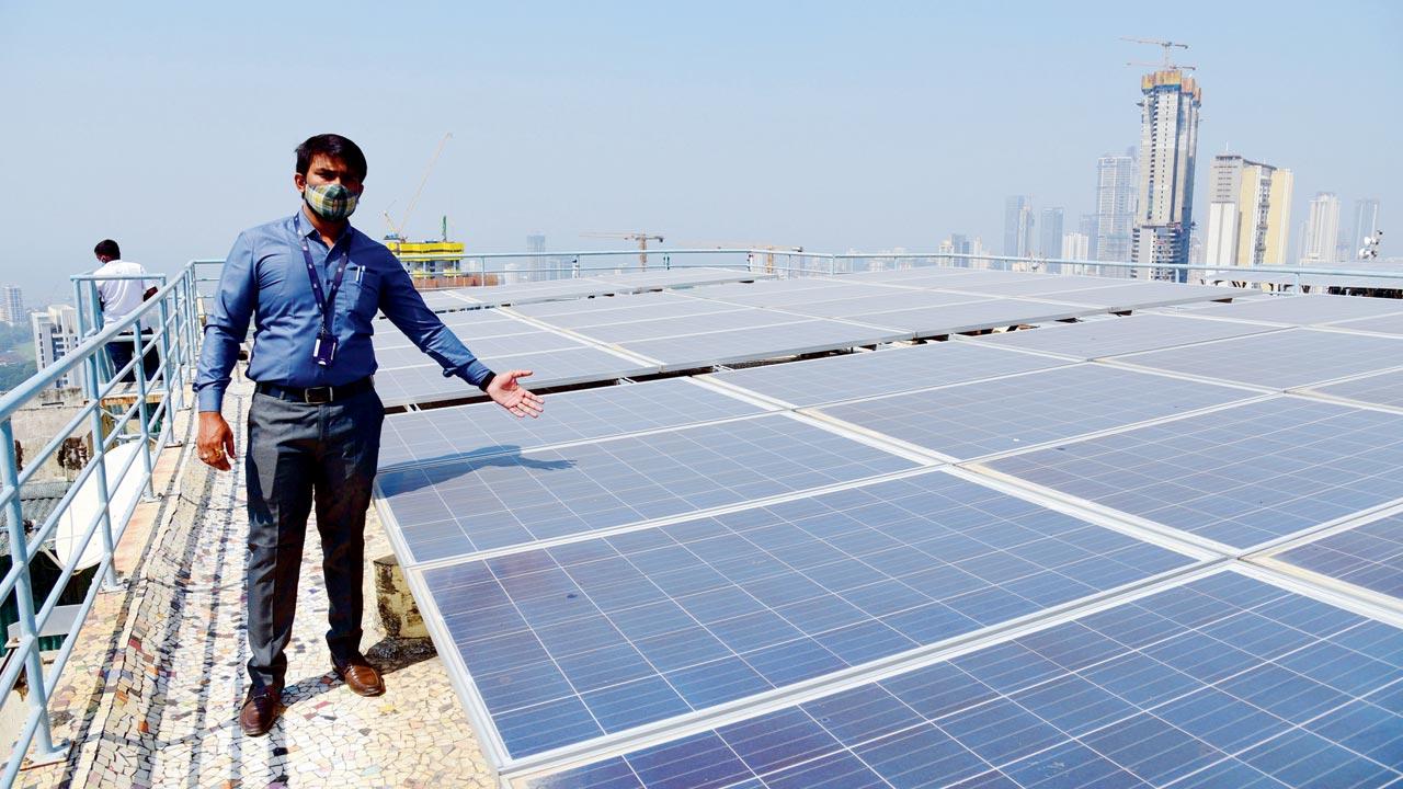 Planet Godrej, a 50-storeyed, five-tower skyscraper in Byculla, installed a solar rooftop plant in 2018. The energy needs of the skyscraper have gone down by half, says Mushtaque Ansari, technical manager at the residential complex. Pic/Pradeep Dhivar