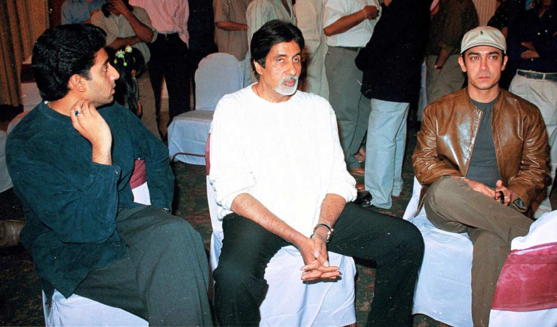 Abhishek Bachchan, Amitabh Bachchan and Aamir Khan during the preview of the music of Rakeysh Omprakash Mehra's 'Aks'.