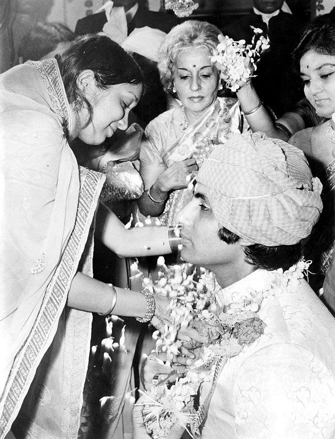 Amitabh Bachchan on his wedding day. Big B married actress Jaya Bhaduri in 1973. The couple has appeared in several films together, such as Zanjeer, Abhimaan, Bansi Birju, Ek Nazar, Mili and Kabhi Khushi Kabhie Gham.