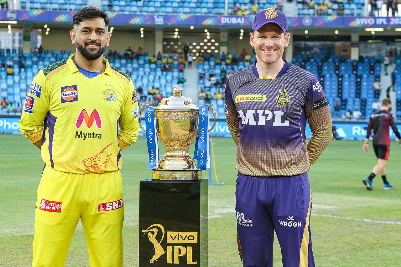 Eoin Morgan captain of Kolkata Knight Riders and MS Dhoni captain of Chennai Super Kings at the toss during the final of the Indian Premier League 2021 at the Dubai International Stadium, UAE. CSK and KKR were in pursuit of their fourth and third IPL title respectively