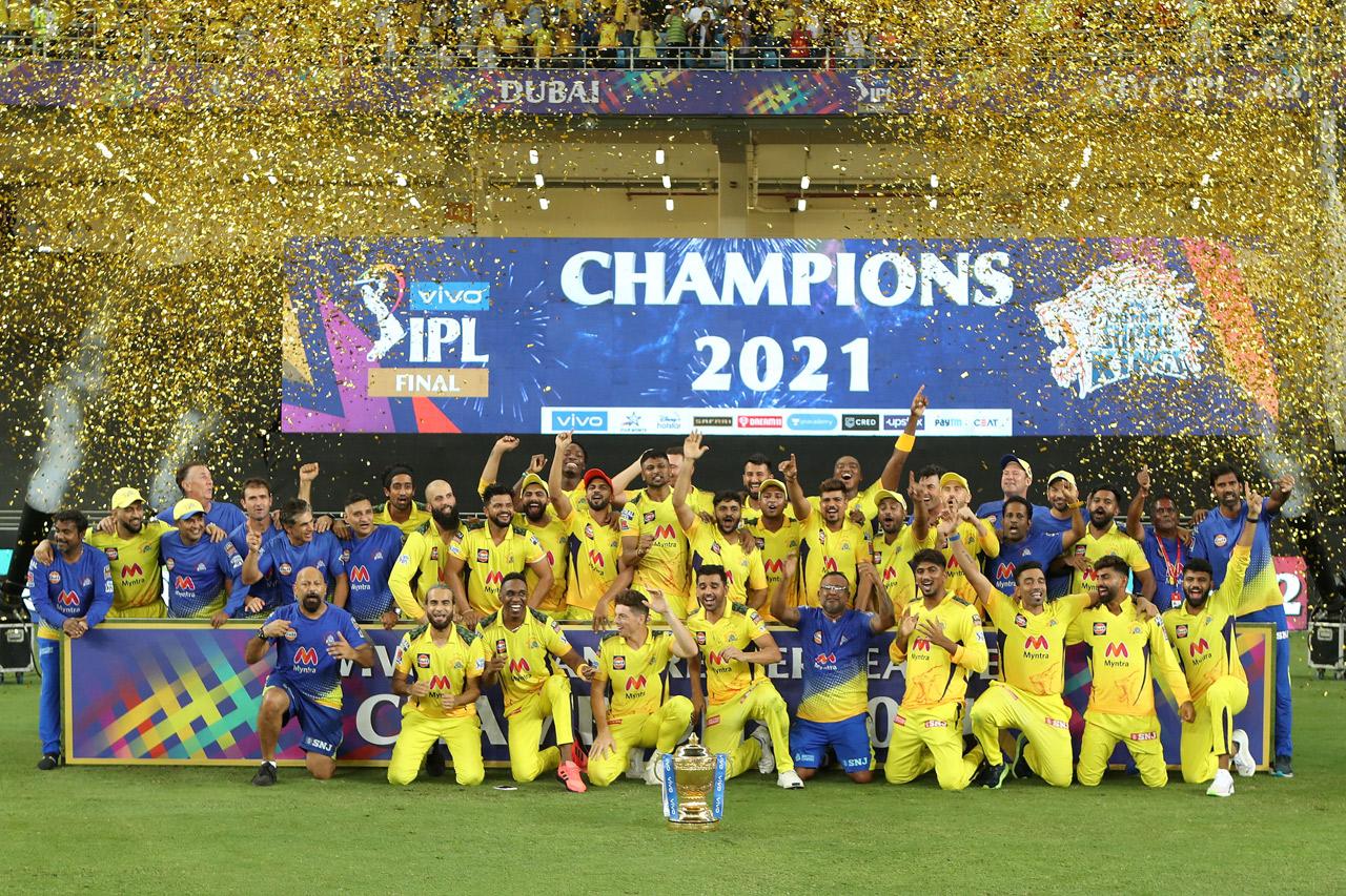 Chennai Super Kings players pose with the IPL trophy after winning the final of the Indian Premier League 2021 between the Chennai Super Kings and the Kolkata Knight Riders