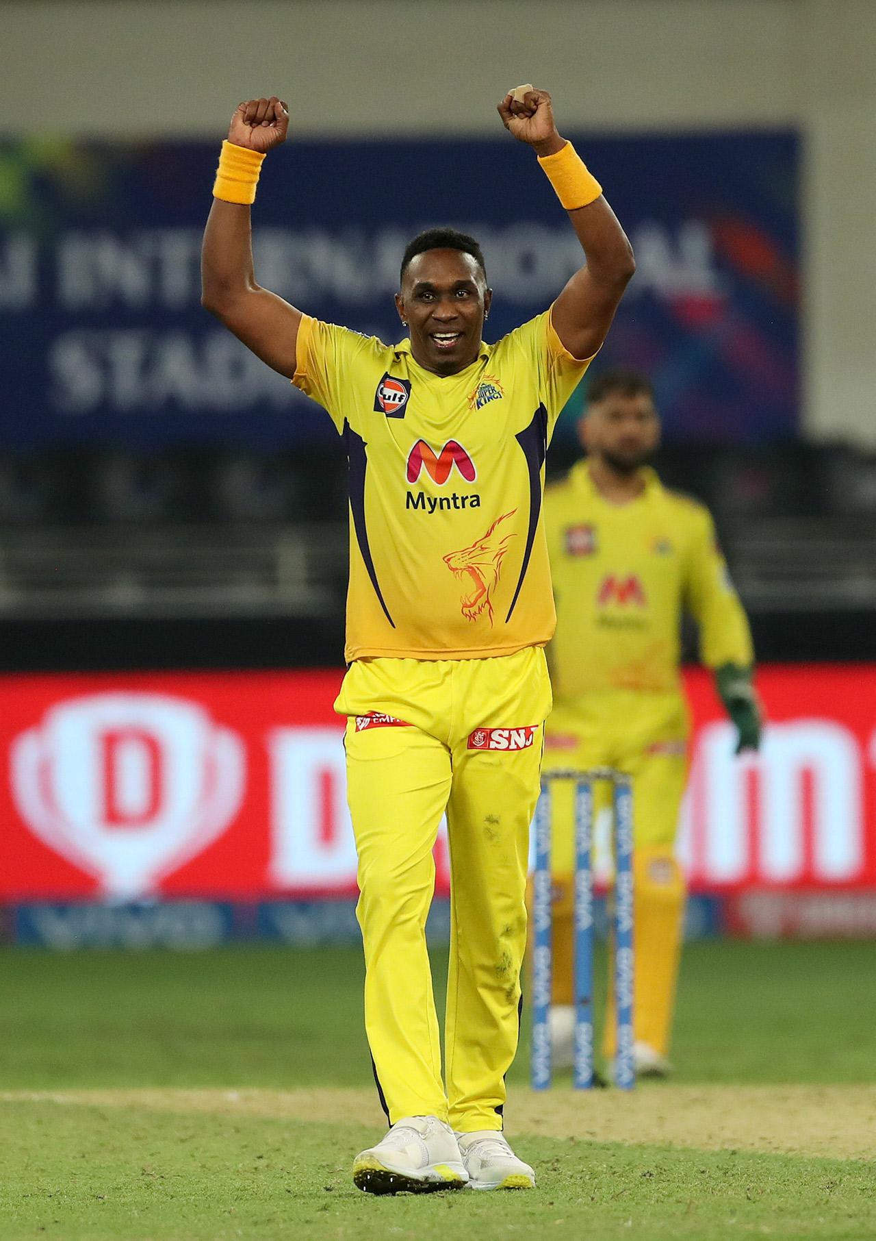 CSK's Dwayne Bravo celebrates the wicket of Shivam Mavi of Kolkata Knight Riders. Bravo, a senior player in CSK's outfit, took 1-29 in 4 overs. After winning the IPL 2021 title, Bravo now has the most T20 titles in history with 16 to his name