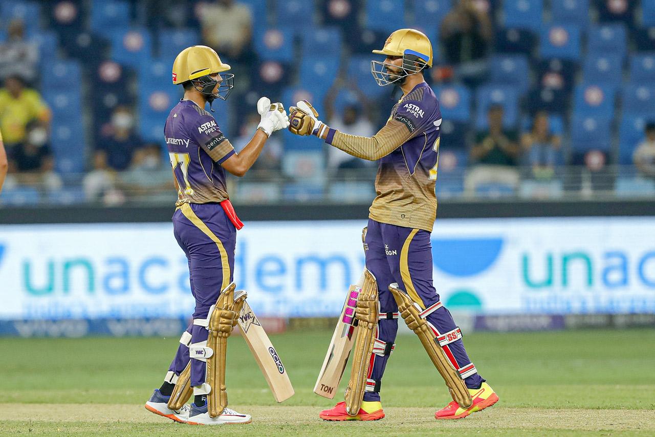 Venkatesh Iyer of Kolkata Knight Riders and Shubman Gill of Kolkata Knight Riders during the final of the Indian Premier League 2021 between the Chennai Super Kings and the Kolkata Knight Riders