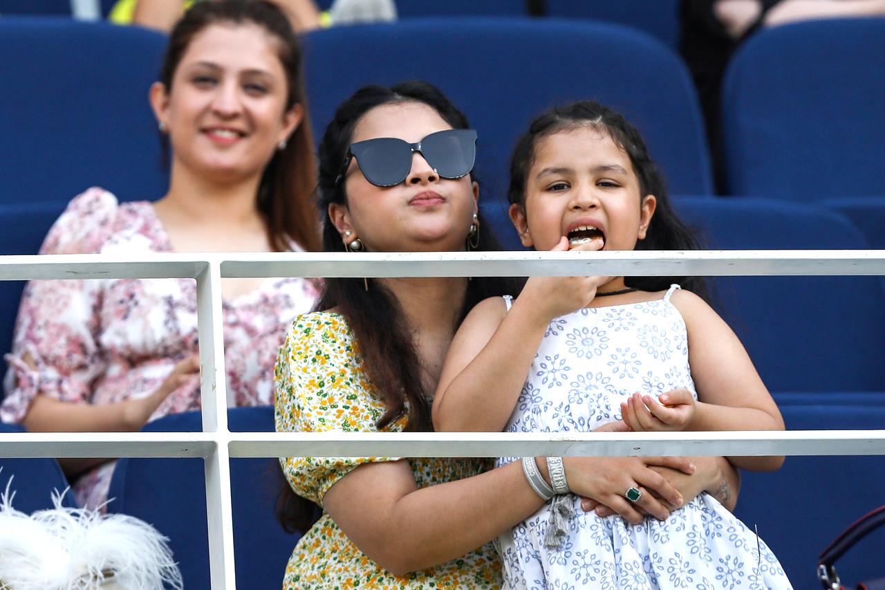 MS Dhoni's wife Sakshi Dhoni with daughter Ziva Dhoni during the final of the IPL 2021 between the Chennai Super Kings and the Kolkata Knight Riders. Sakshi and Ziva Dhoni later on joined MS Dhoni in the celebrations after the match