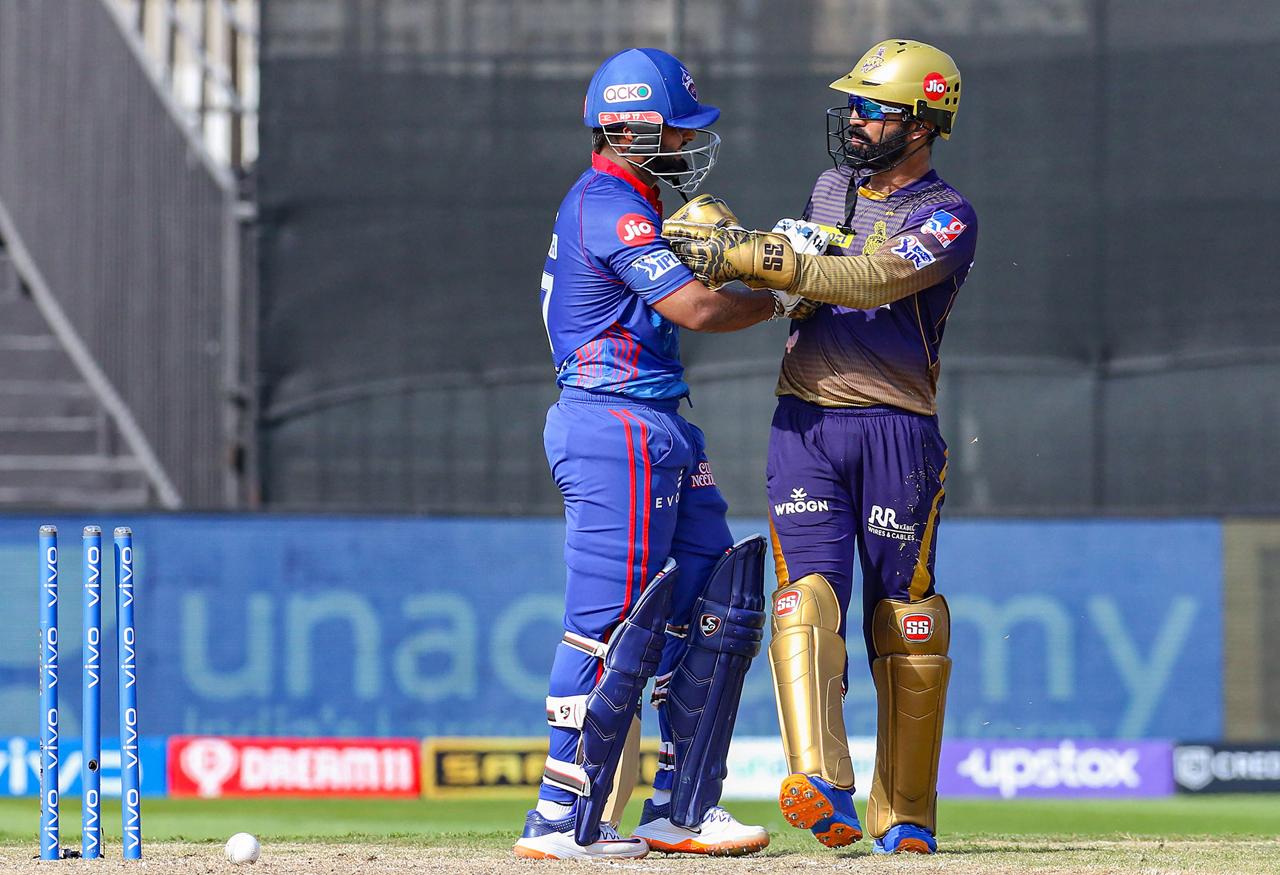 The clash between Rishabh Pant's Delhi Capitals and Eoin Morgan's KKR were evenly placed during their battle as KKR chased down DC's target of 128 with Nitish Rana's unbeaten 36. In Pic: Rishabh Pant and Dinesh Karthik