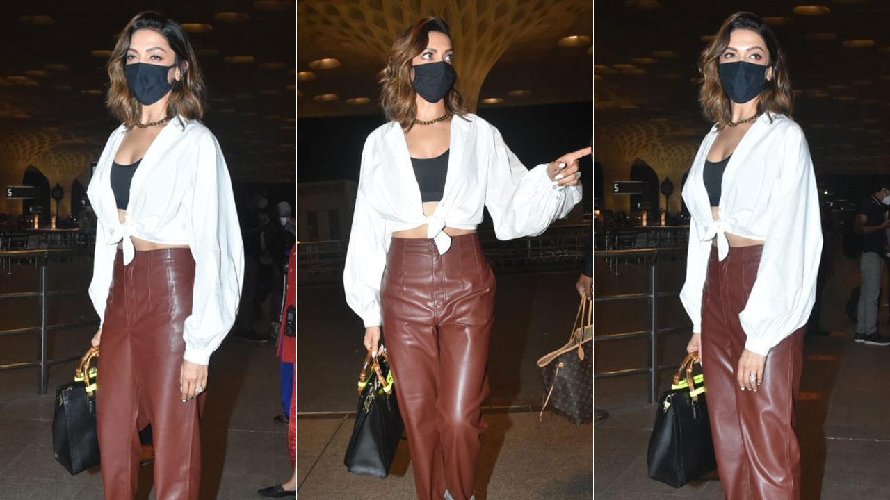 Deepika makes a stunning airport appearance in leather pants and crop shirt 