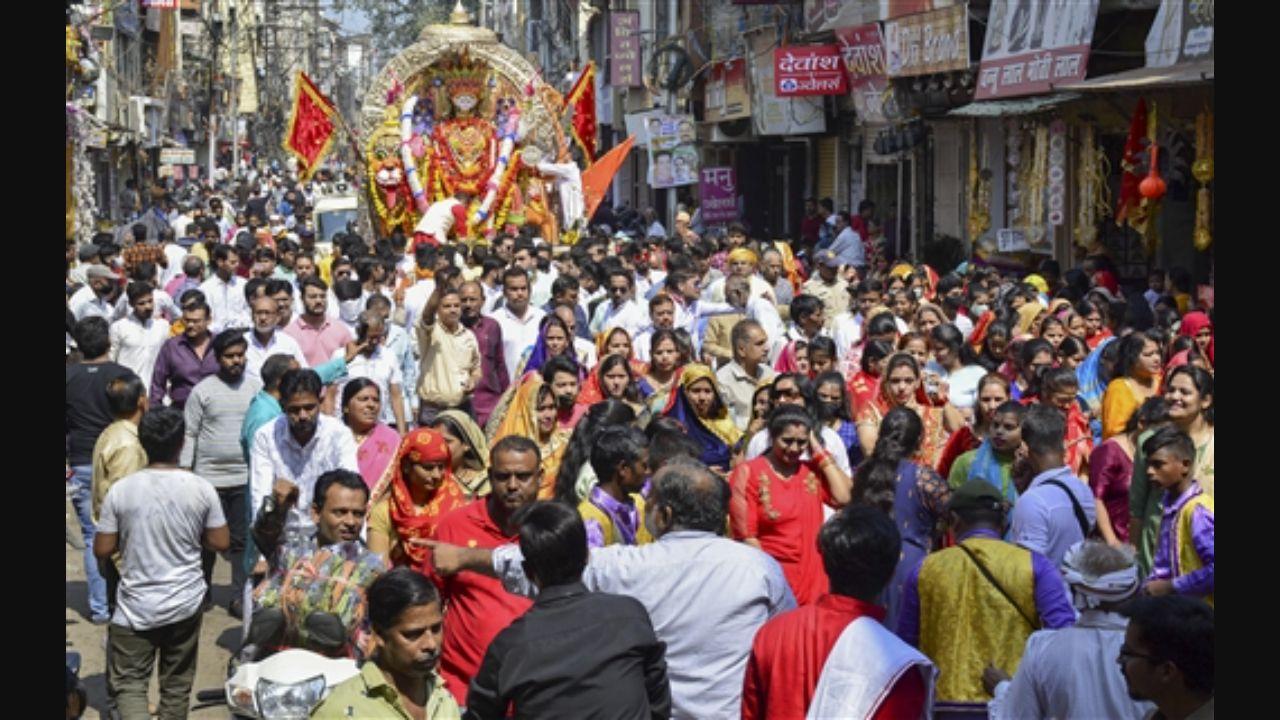 People participate in the 'Chal Samaroh' procession on the occasion of Dussehra, in Jabalpur, Madhya Pradesh. Pic/PTI