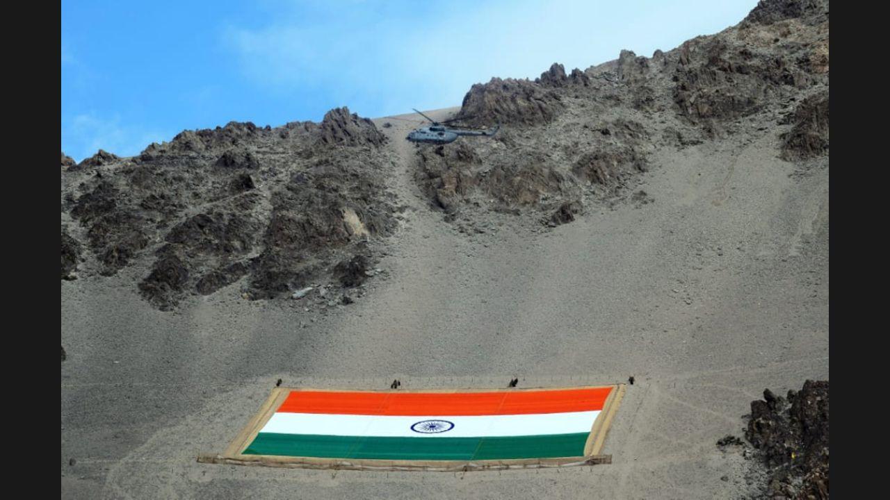 'The flag which was unfurled is the largest hand woven and hand spun cotton Khadi Flag ever manufactured in India, measuring 225 ft by 150 ft and weighing 1,000 kg. The flag is made by Khadi Dyers and Printers based in Mumbai which is affiliated to Khadi Village and Industries Commission,' said the army.