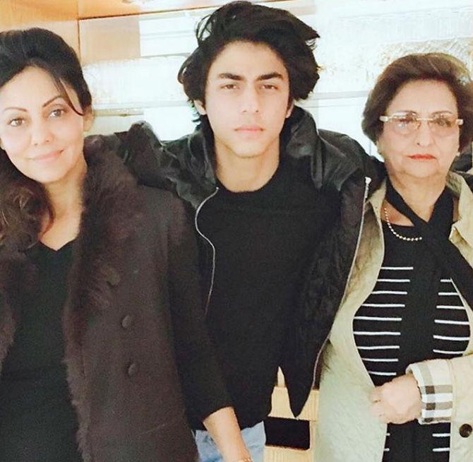 Gauri Khan with her son Aryan Khan and mother Savita Chibber. Aryan Khan has completed his studies abroad and is back in India, living with his parents. The star kid will turn 23 in November 2020.