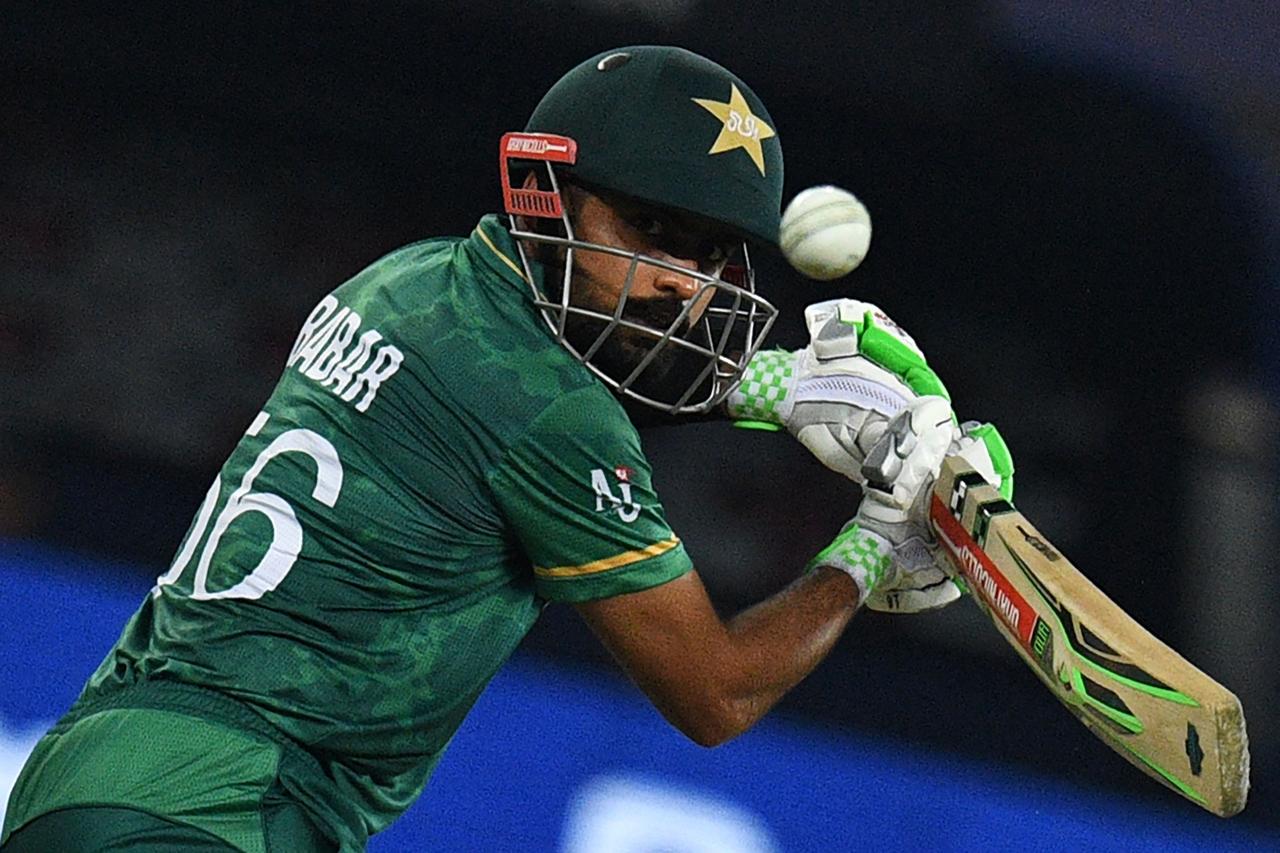 Pakistan's captain Babar Azam plays a shot during the ICC men’s Twenty20 World Cup cricket match between India and Pakistan